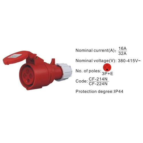 224N, Industrial Plugs and Sockets, 32A, 4 Pin, 3P+E, IP44, 380V-415V