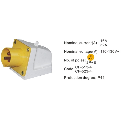 523-4, Industrial Plugs and Sockets, 32A, 3 Pin, 2P+E, IP44, 110V-130V