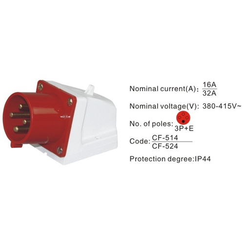 524, Industrial Plugs and Sockets, 32A, 4 Pin, 3P+E, IP44, 380V-415V