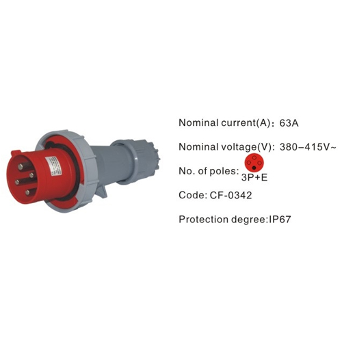 0342, Industrial Plugs and Sockets, 63A, 4 Pin, 3P+E, IP67, 380V-415V 