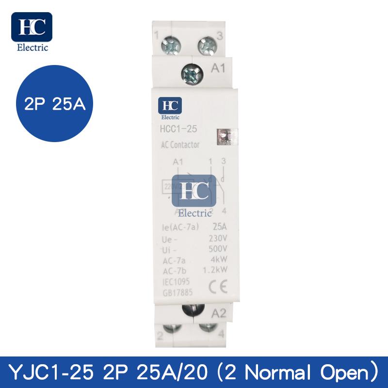 25A 230V 2 Pole Contactor AC 2 Normally Open DIN Rail Mount Heating Lighting 