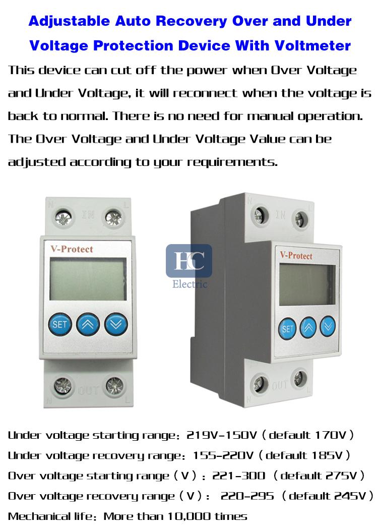 230V auto recovery over and under voltage protection device with automatic  protective relay preventing disconnection of