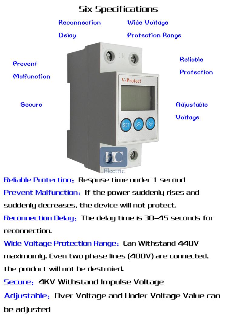 230V auto recovery over and under voltage protection device with automatic  protective relay preventing disconnection of